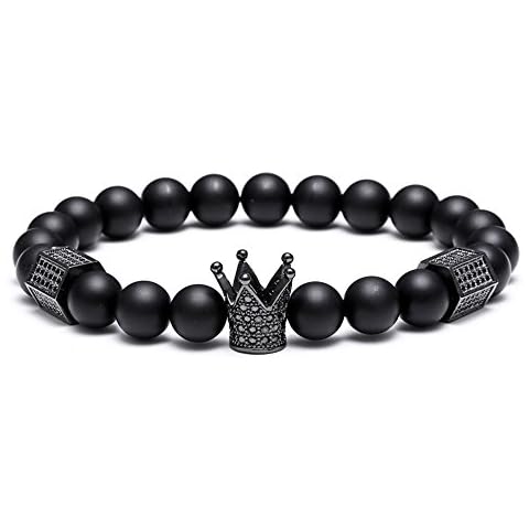 SEVENSTONE 8mm Crown King Charm Bracelet for Men Women Black Matte Onyx Stone Beads Cover