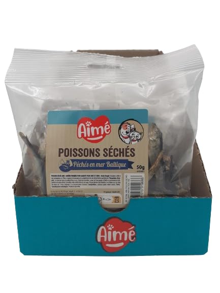 Aimé | Packung mit getrockneten Fischen von Sprat | Katzen- und Hundefutter | Leckerli für Hunde und Katzen mit hohem Proteingehalt | natürliches Futter | Fischerei in der Ostsee | 50 g | europäische
