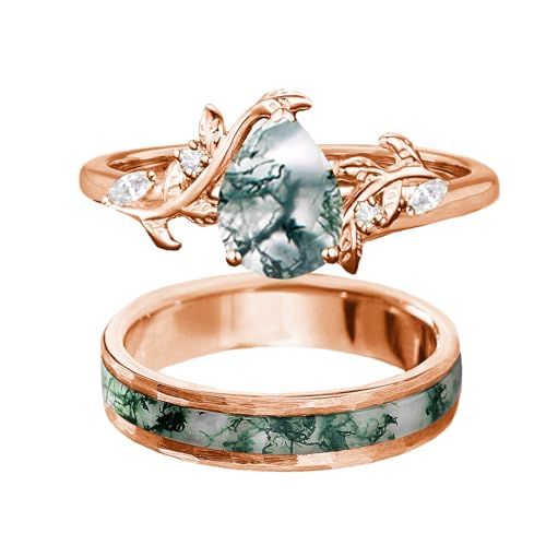 Natural Moss Agate Couple Ring Set Sterling Silver 10K 14K 18K Gold Personalized Moss Agate Wedding Engagement Ring Wedding Band for Men Women Matching Promise Rings for Couples Anniversary Engagement3