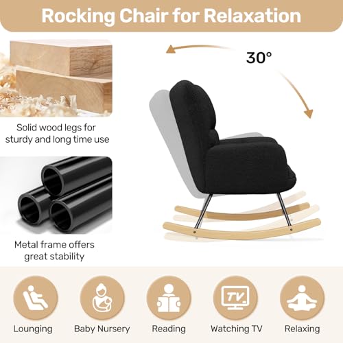 Hawthyhome Schaukelstuhl Relaxstuhl Sessel Stuhl Wohnzimmersessel, Schaukelsessel Gepolsterter Schwingsessel bis 136 kg belastbar Schwarz Lounge Chair fürs Wohnzimmer Schlafzimmer Balkon - 5