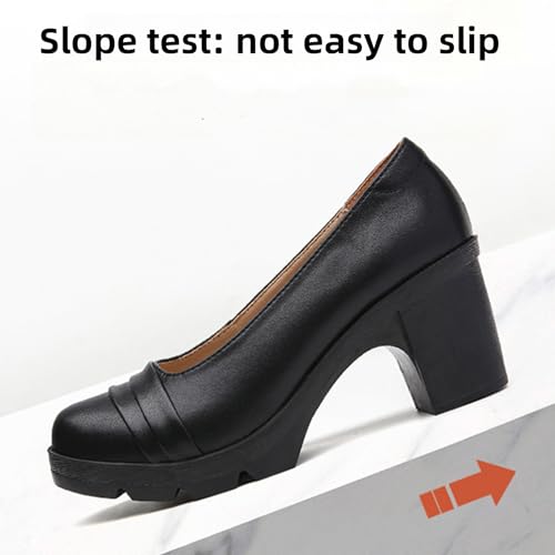 Women's Classic Leather Mid-Heel Chunky Heels Pumps Leisure Closed Round Toe Slip-On Platform Dress Pump Shoes Office Party Wedding Shoes3