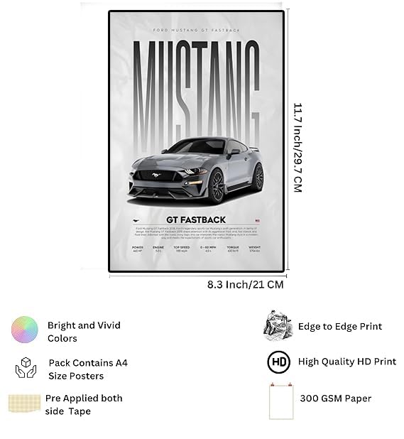 Image of Fit-in Trends Car Poster For Wall Boys Room|Super Car Poster Stickers | Gifting Ideas For Men Boys Car Lover's | Wall Art For Living room, Office, Dining Room| A4 Size Wall Art(Mustang)