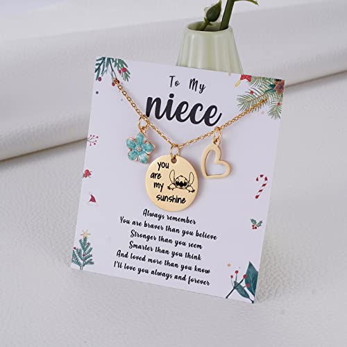 Mixjoy To My Niece Stitch Gifts You Are My Sunshine Stitch Necklace&Sentiment Message Card For Teen Niece Lilo And Stitch Jewelry Birthday Christmas Valentine, Gold #TOP4