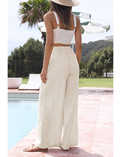 Hooever Women's Wide Leg Cotton Linen Pants High Waist Adjustable Tie Knot Lounge Trousers(Apricot-M) #TOP5