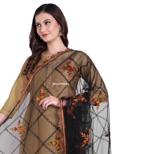 Image of ZEN APPAREL Women's Embroidered Net Dupatta with Lace Borders (Z-101) Premium Net Fabric Golden Aari Work