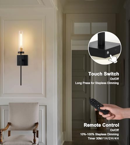 Image of SANTOSTOCK Battery Operated Wall Sconce Set of 2, Black & Gold Wireless Sconces Wall Decor, Rechargeable Wall Lights for Bedroom Living Room Entryway Bathroom Hallway Stairwell