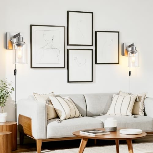 Image of Plug in Wall Sconces Set of 2, Modern Corded Wall Sconce, Bedroom Wall Sconces with Clear Glass, Wall Decor Set of 2 Brushed Nickel Wall Lamps for Bedroom Living Room