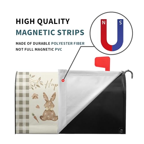 Image of Happy Easter Mailbox Cover, Magnetic Large Size 25.5x21 Inches, Spring Bunny Rabbits Egg Carrot Mailbox Wrap Post Cover with Buffalo Plaids for Garden Yard Outdoor Home Decor