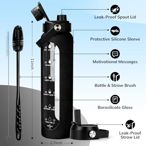 Image of Aqulea 32 oz Glass Water Bottle with 2 Lids - Spout & Straw Lids, 1L Motivational Borosilicate Glass Water Bottle with Time Marker & Silicone Sleeve, Leakproof (Black)