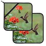 Pot Holders Set of 2, Hummingbirds Birds Spring Summer Red Flowers Blossom Heat Resistant Kitchen No