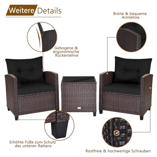GIANTEX Rattan Gartenmöbel Set, Balkonmöbel Kleiner Balkon, Lounge Gartenmöbel Set, Balkon Möbel für 2 Personen, Gartenlounge Set 2 Sessel & Tisch, 3 tlg. Gartensitzgruppe inkl. Sitz- und Rückenkissen – Bild 6