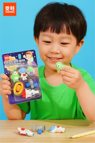 Image of Parshya Space Travel Eraser Set for Kids (6 Pcs) - Soft Rubber, Non-Toxic, Dust-Free Cartoon Erasers | Rocket, Astronaut, Alien, Planet & Spaceship | Fun Stationery for School & Gifts