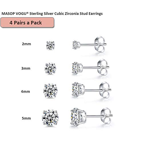 Sterling Silver Stud Earrings for Women Girls Men, Hypoallergenic Cubic Zirconia CZ Studs Small Round Simulated Diamond Earrings Cartilage Tragus Helix Earrings Set(2mm 3mm 4mm 5mm)2