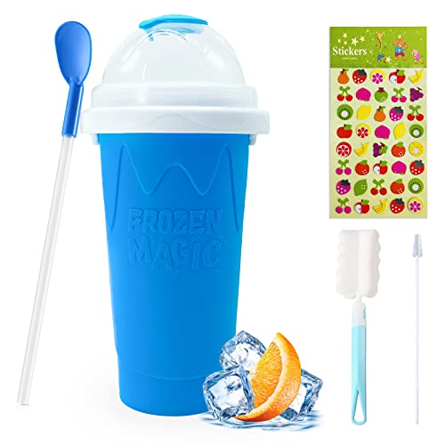 Slushie Maker Cup, Magic Quick Frozen Smoothies Cup Cooling Cup, Double Layer With lid Squeeze Cup Slushy Maker, with a cup brush, cartoon stickers, Straw brush, for Everyone
