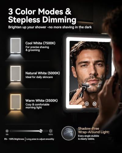 Image of Heated Shower Mirror Fogless for Shaving with 3-Color Dimmable LED Lights, Rechargeable, 360 Degree Adjustable, Drill-Free, All-in-One Storage Tray Holds Shaving Foam, Brush and 2 Razors, Black