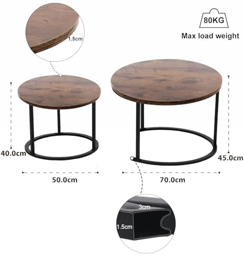 BIGTREE Couchtisch Rund, Wohnzimmertisch Modern, Satztisch 2er Set, Größe: 70x70x45cm, 50 x50x40cm, Beistelltisch Set aus Holz mit Metallgestell für Wohnzimmer Balkon Büro (Braun) – Bild 3