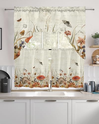 Rustic Mushroom Swag Kitchen Curtain Sets with Valance,3 Pieces Rod Pocket Curtain Drapes for Bedroom Bathroom Cafe Windows,Butter-Fly Dragonfly Botanical Plant Leaves 56''x36''&36''x27.5''x2Panels