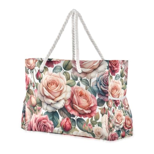 OTVEE Watercolor Rose Pattern Beach Bags for Women Ladies Large Canvas Tote Shoulder Bag Waterproof Travel Bags for Gym Swim Pool Camping