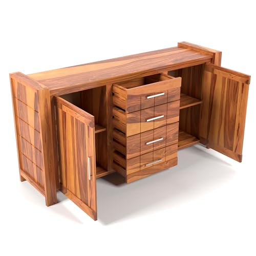 Image of Solid Sheesham Wood Wooden Sideboard Storage Cabinet & Chest of Drawer : Ideal for Living Room and Bedroom with 4 Drawers and 4-Shelf Storage (Chevalier, Honey Finish)