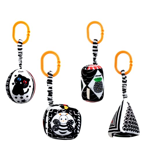 Image of KAKIBLIN Baby Hanging Rattle Toys, 4 Pack Black and White Car Seat Baby Toys Soft Squeaky Stroller Toy for Babies Montessori Sensory Toy 0-12 Months for Newborn Infant, White and Black