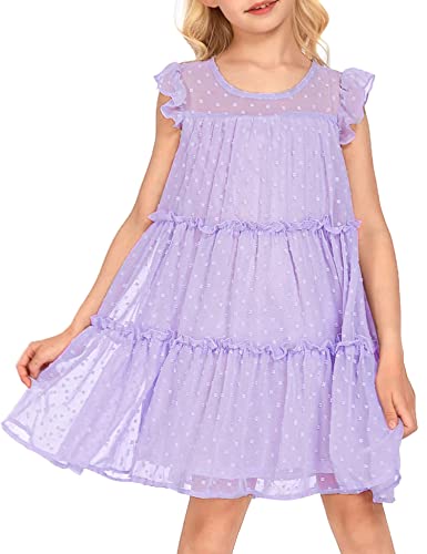 Arshiner Girl's Summer Dress Flared Sleeve Loose Fit Swiss Dots Flowy Pleated Dress