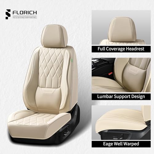 Image of FLORICH Car Seat Covers Full Set Waterproof Nappa Leather Car Seat Cover Front and Rear Car Seat Protector with Lumbar Support Automotive Seat Covers Universal Fit for Most Car Sedan Truck SUV, Beige