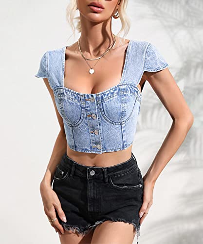 Denim Corset Top for Women Sexy Bustier Tube Top Button Jean Halter Tops Vest4