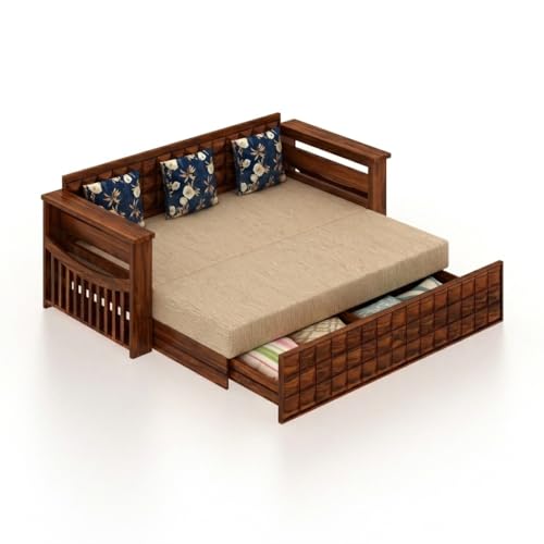 Image of Ganpati Arts Solid Sheesham Wood Diamond 3 Seater Sofa Cum Bed with Storage and Side Pockets for Living Room Wooden Furniture Sofa Bed for Home - Natural Finish 1 Year Warranty, Beige, 3-Person Sofa