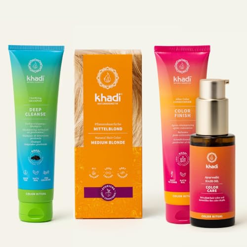 khadi ColorCycle RUBIO MEDIO Kit completo - Tinte vegetal para el cabello + DEEP CLEANSE Champú clarificante ayurvédico + COLOR FINISH Acondicionador para después del tinte + Aceite capilar COLOR CARE