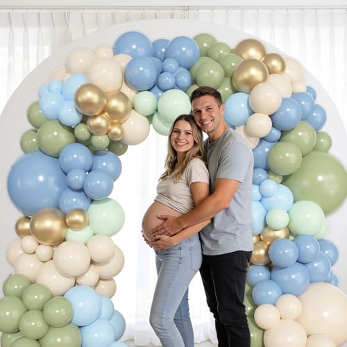 Image of Ouddy Life 157 Pcs Sage Green and Blue Balloons Garland Arch Kit, Dusty Blue Green Sand White Metallic Gold Balloon Different Size for Boho Bridal Baby Shower Birthday Anniversary Party Decorations
