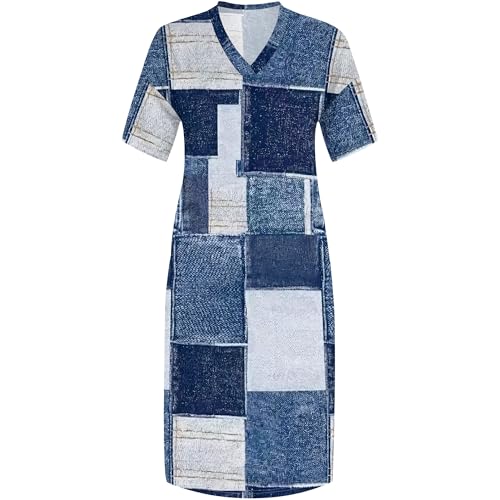 Image of SUZONANA Plus Size Denim Print Shirt Maxi Dresses for Curvy Women Casual Blue Jean Summer Outfits Long Short Sleeve Dress with Pockets Patchwork XL