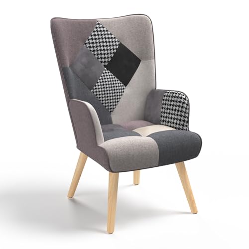 IDMarket - Fauteuil scandinave Ivar en Tissu Patchwork Noir, Gris et Blanc