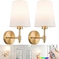 slywise Battery Wall Sconces Set of Two,Battery Operated Sconces Up to 50 Hours Long Life,Rechargeable Cordless Wall Sconce USB Charging, RGB Fabric Wall Lights No Hardwired Need (Color : Brass)