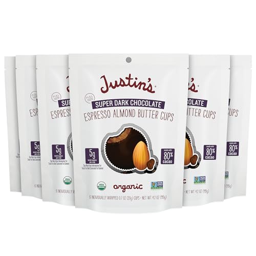 Justin's Organic Super Dark Espresso Almond Butter Cups, Rainforest Alliance Certified Cocoa, Gluten-free, Responsibly Sourced, 6 Stand-up Bags (4.2 Ounce Each)