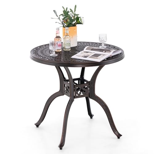 Image of Giantex 31.5 inch Patio Bistro Table, Cast Aluminum Table Side Table with 2 inch Umbrella Hole & Adjustable Footpads, All-Weather Metal Outdoor Round Dining Table for Porch, Backyard