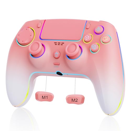 JUNHUAN Wireless Pink White gradient Controller for PS4/PS3/PC/Steam Deck/Mac/iOS/Android with Back Paddles/Hall Effect Trigger/Turbo/Cool RGB/6 Axis Gyro, Compatible with Switch 2/Switch/Lite/OLED