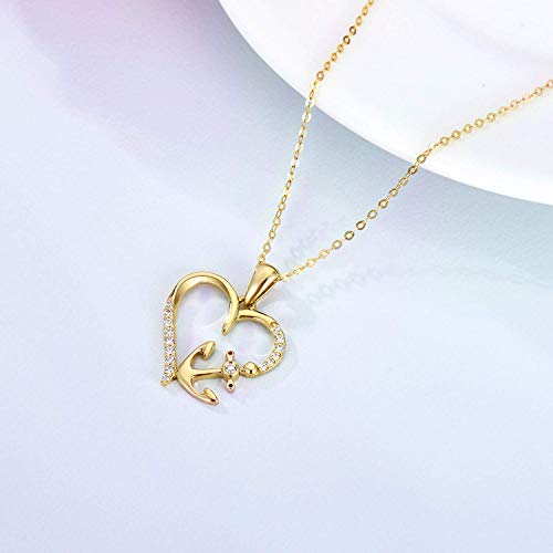 14K Gold Heart Necklace for Women Solid Nautical Anchor Pendant Necklace Love Heart Jewelry Anniversary Birthday Gifts for Her,16+2 Inch4