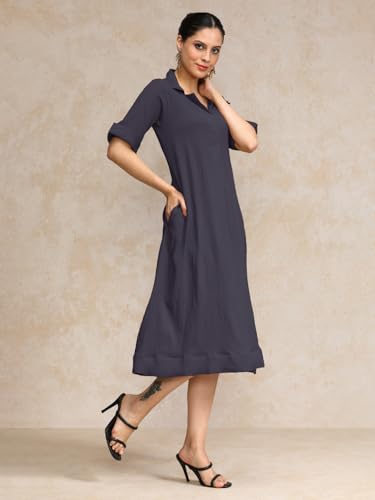 Image of Varanga Women Beige A -line Calf Length Dress Featuring Classic Shirt Collar and Short Sleeves which offering Comfort and Ease