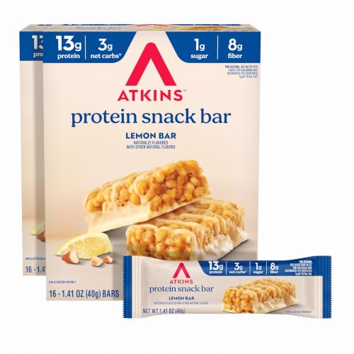 Atkins Lemon Flavored Snack Bar,High Protein Bar,Low Sugar and Low Carb,Keto Friendly Snack,Gluten Free,High in Fiber,Made with Real Almond Butter,16 Count (Pack of 2)