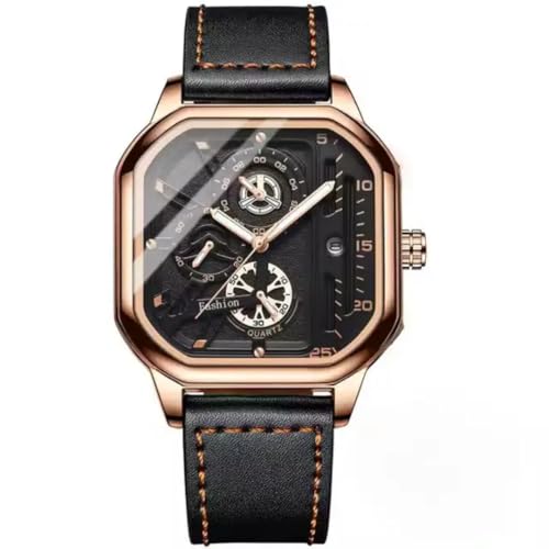 Image of Men's Luxury Square Dial Analog Watch with Leather Strap, Luminous Display, Waterproof Quartz Wristwatch - Casual & Formal Wear