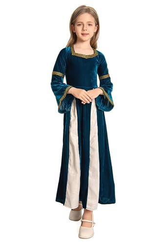 helymore Costume de princesse médiévale pour fille - Robe royale Renaissance - Pour cosplay, Halloween, carnaval - Bleu - Taille S