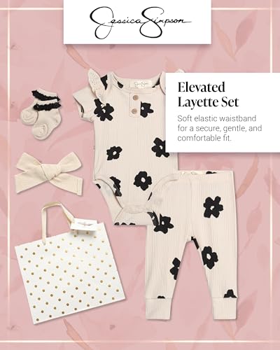 Jessica Simpson Baby Girl Layette Set - 4 Piece Newborn Baby Girl Outfits with Onesie Bodysuit Baby Pants Hat & Socks (0-9M)2