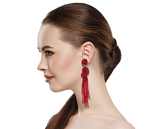Handmade Beaded Solid Color Post Statement Earrings for Women All Season 4 inch Long3