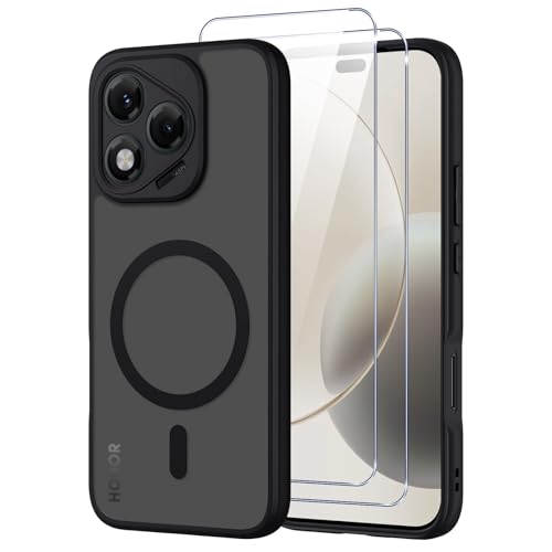 Pnakqil Magnetisch für Honor 400 Lite Hülle für Magsafe Matt Transluzente Handyhülle für Honor 400 Lite mit 2 Panzer Schutz Glas PC Härte Kratzfest Matte Dünn Magnetische Case Schwarz