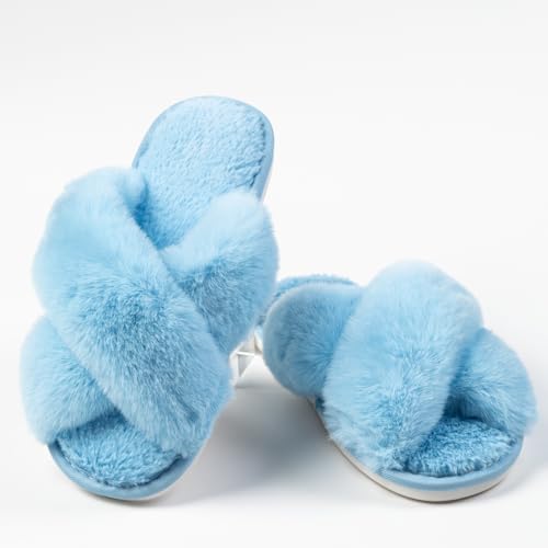 Image of Women's Cross Band Fuzzy Slippers Fluffy Open Toe House Slippers