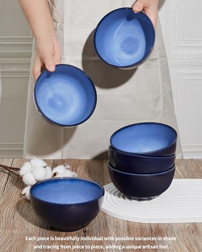 Image of Pokini 5.5 inch Stoneware Cereal Bowls Set of 6, 22 Oz Soup Bowls Set | Reactive Glaze Cereal Bowls Set for Cereal Soup Snacks, Kitchen Bowls for Meal, Dishwasher & Microwave Safe, Light Blue