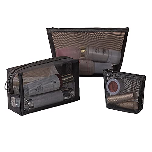 SUQ 3 Piezas Bolsa de Cosméticos de Malla, Bolsa de Cremallera de Malla Negra, Neceser de Maquillaje, Bolsa de Aseo, Bolsas de Maquillaje Portátiles de Viaje, para Casa Accesorios de Viaje Cover