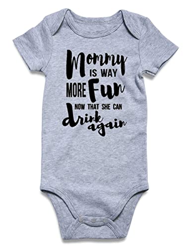 Image of Funnycokid Newborn Baby Onsies Mommy is Way More Fun Now That She Can Drink Again Baby Shower Bodysuits Grey 0-3 Months