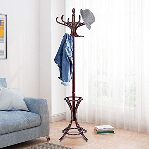 Tangkula-755-Standing-Coat-Rack-Wood-Coat-Tree-with-12-Hooks-Home-Hat-Jacket-Hanger-Tree-12-with-Umbrella-Holder-Coat-Stand-Brown Tangkula 755 Standing Coat Rack Wood Coat Tree with 12 Hooks Home Hat Jacket Hanger Tree 12 with Umbrella Holder Coat Stand Brown