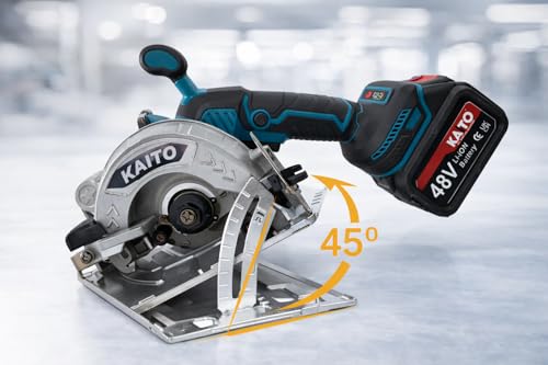 Image of KAITO 5 Inch Cordless Circular Saw (48V) | Brushless Motor Marble & Tile Cutter | 3000 RPM Portable Electric Saw | Wood, Metal, Ceramic Cutting Tool with 2 Batteries & Charger